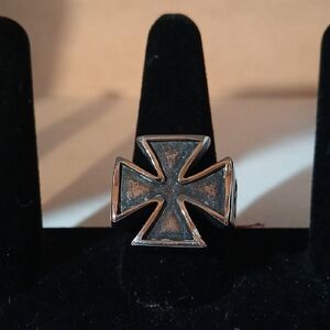 Men's Black and Silver Stainless Steel Cross Ring